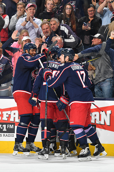 COLUMBUS, OH - OCTOBER 27: The Columbus Blue Jackets celebrate a third period goal during a game against the Winnipeg Jets on October 27, 2017 at Nationwide Arena in Columbus, Ohio.  (Photo by Jamie Sabau/NHLI via Getty Images)